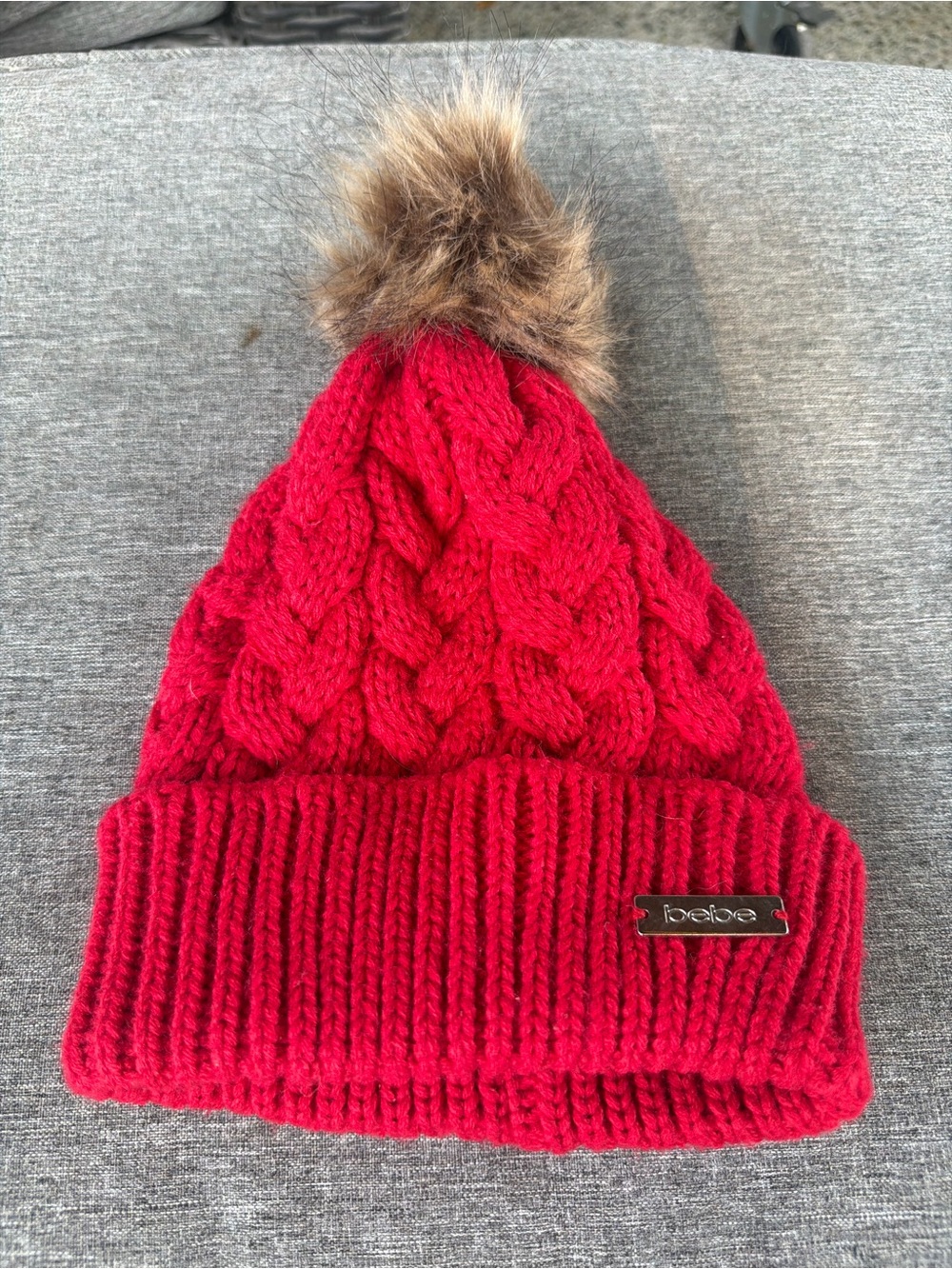 bebe Red Cable-Knit Pom Beanie